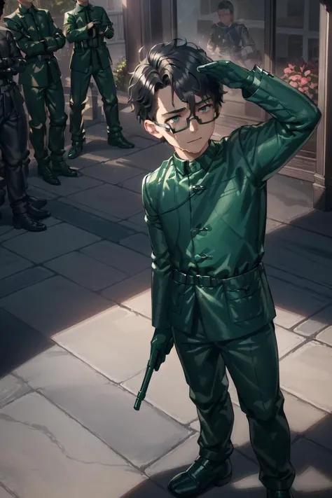 best quality, HDR, Extremely detailed face, (detailed (boy hair, boy face, boy cloth)), young man, (wearing black glasses), (black hair), (short hair), (black eyes), (full body), ([(Plastic Green Army Toy Soldier Costume):(blue schoolboy uniform):0.9]) <lora:Plastic Green Army Toy Soldier Costume:0.6>, Plastic Green Base Plate, standing, salute, saluting, (panic:1.2), (tear:1.5), outdoors, from front, 
(theme park background),
(denoise), (8k uhd), (extremely fine and beautiful, best quality, ultra-detailed), (sharp focus), (soft illumination, soft volumetric lighting, soft lighting, soft shadows), (ray tracing ambient occlusion), (masterpiece, post processing), intricate, (stunning environment:1.5),
(side lighting, particle lighting, cinematic lighting), (light and shadows),
(detailed (boy hair, boy face, boy cloth):1.5)