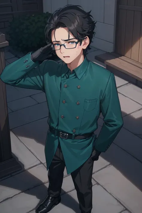 best quality, HDR, Extremely detailed face, (detailed (boy hair, boy face, boy cloth)), young man, (wearing black glasses), (black hair), (short hair), (black eyes), (full body), ([(Plastic Green Army Toy Soldier Costume):(blue schoolboy uniform):0.4]) <lora:Plastic Green Army Toy Soldier Costume:0.4>, Plastic Green Base Plate, standing, salute, saluting, (panic:1.2), (tear:1.5), outdoors, from front, 
(theme park background),
(denoise), (8k uhd), (extremely fine and beautiful, best quality, ultra-detailed), (sharp focus), (soft illumination, soft volumetric lighting, soft lighting, soft shadows), (ray tracing ambient occlusion), (masterpiece, post processing), intricate, (stunning environment:1.5),
(side lighting, particle lighting, cinematic lighting), (light and shadows),
(detailed (boy hair, boy face, boy cloth):1.5)