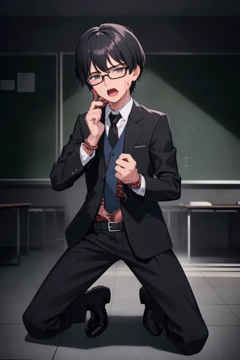 best quality, HDR, Extremely detailed face, (detailed (boy hair, boy face, boy cloth)), young man, (wearing black glasses), (black hair), (short hair), (black eyes), (full body), ([(boy bodysuit):(blue schoolboy uniform):0.1]) <lora:tentacle_clothes:1> (tentacle clothes:1.3), tentacles, tentacle sex, kneeling, (panic:1.2), (tear:1.2), (open mouth), (hands on clothes), (in classroom)