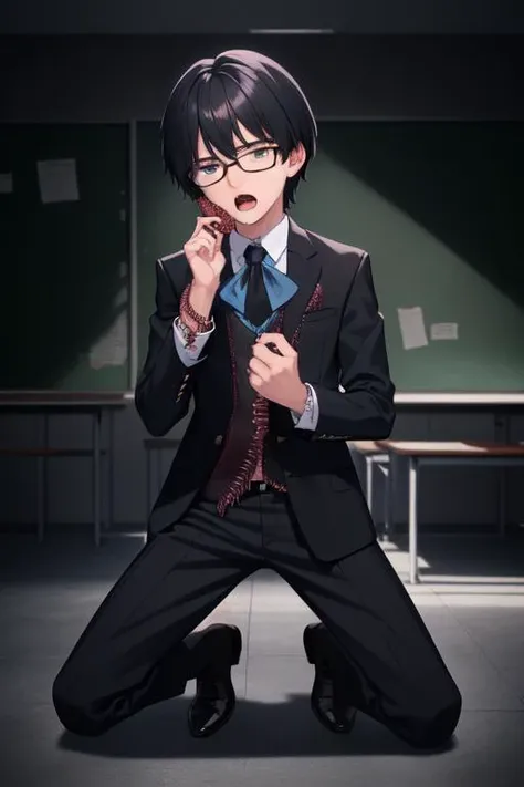 best quality, HDR, Extremely detailed face, (detailed (boy hair, boy face, boy cloth)), young man, (wearing black glasses), (black hair), (short hair), (black eyes), (full body), ([(boy bodysuit):(blue schoolboy uniform):0.1]) <lora:tentacle_clothes:0.9> (tentacle clothes:1.3), tentacles, tentacle sex, kneeling, (panic:1.2), (tear:1.2), (open mouth), (hands on clothes), (in classroom)