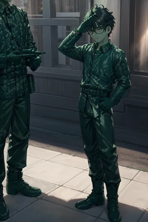 best quality, HDR, Extremely detailed face, (detailed (boy hair, boy face, boy cloth)), young man, (wearing black glasses), (black hair), (short hair), (black eyes), (full body), ([(Plastic Green Army Toy Soldier Costume):(blue schoolboy uniform):0.9]) <lora:Plastic Green Army Toy Soldier Costume:0.6>, Plastic Green Army Toy Soldier Costume, (Green Helmet, Plastic Green Jacket, Plastic Green Pants, Green Belt, Plastic Green Gloves, Plastic Green Boots), Plastic Green Base Plate, standing, salute, saluting, (panic:1.2), (tear:1.2), outdoors, from front, 
(theme park background),
(denoise), (8k uhd), (extremely fine and beautiful, best quality, ultra-detailed), (sharp focus), (soft illumination, soft volumetric lighting, soft lighting, soft shadows), (ray tracing ambient occlusion), (masterpiece, post processing), intricate, (stunning environment:1.5),
(side lighting, particle lighting, cinematic lighting), (light and shadows),
(detailed (boy hair, boy face, boy cloth):1.5)