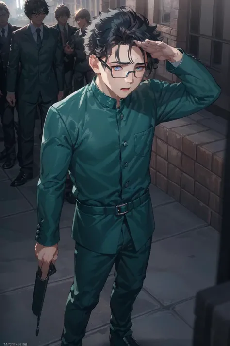best quality, HDR, Extremely detailed face, (detailed (boy hair, boy face, boy cloth)), young man, (wearing black glasses), (black hair), (short hair), (black eyes), (full body), ([(Plastic Green Army Toy Soldier Costume):(blue schoolboy uniform):0.4]) <lora:Plastic Green Army Toy Soldier Costume:0.6>, Plastic Green Base Plate, standing, salute, saluting, (panic:1.2), (tear:1.5), outdoors, from front, 
(theme park background),
(denoise), (8k uhd), (extremely fine and beautiful, best quality, ultra-detailed), (sharp focus), (soft illumination, soft volumetric lighting, soft lighting, soft shadows), (ray tracing ambient occlusion), (masterpiece, post processing), intricate, (stunning environment:1.5),
(side lighting, particle lighting, cinematic lighting), (light and shadows),
(detailed (boy hair, boy face, boy cloth):1.5)