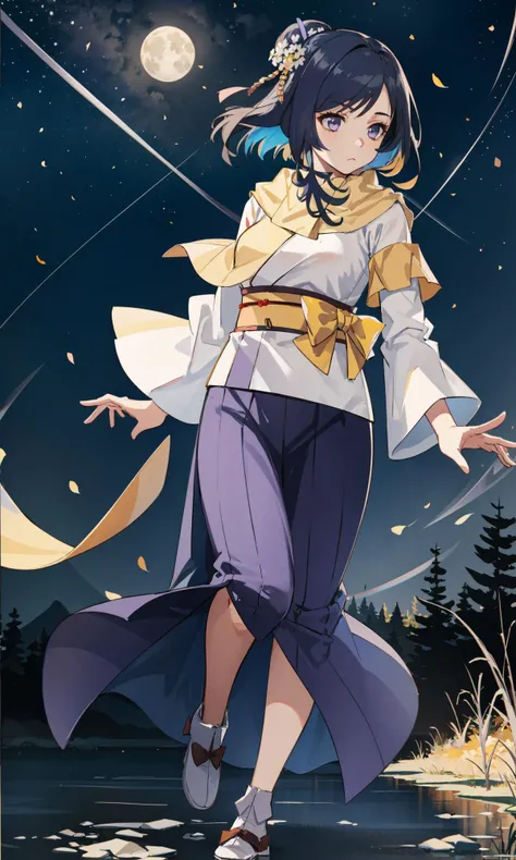 realistic, colorful, 1girl, purple eyes, glow, wallpaper, (yellow scarf and belt, Japanese clothes, Japanese dress:1.2), (single ponytail, dark blue hair, gradient hair, traditional hair ornament),
(complete body, sound in all four limbs),(chromatic aberration, drop shadow, sidelighting, intricate details,),
(glossy shoulders, bare skin, plump hips, slender thighs:0.7), detached sleeves, translucent and pleated white fabric or bed linen,
(gorgeous corridor, bright starry night, stars that cross the sky, landscape, moon, blue sky), chrysanthemum,
<lyco:GoodHands-beta2:1>, nice hands, perfect hands, realistic, <lora:kuon:1>