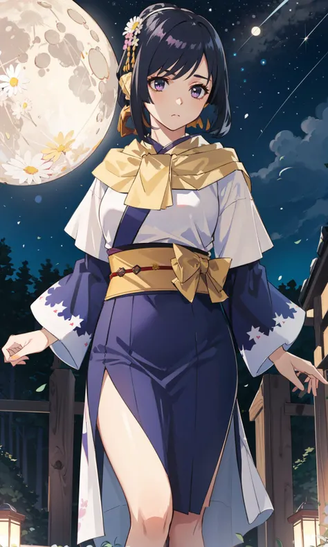 realistic, colorful, 1girl, purple eyes, glow, wallpaper, (yellow scarf and belt, Japanese clothes, Japanese dress:1.2), (single ponytail, dark blue hair, gradient hair, traditional hair ornament),
(complete body, sound in all four limbs),(chromatic aberration, drop shadow, sidelighting, intricate details,),
(glossy shoulders, bare skin, plump hips, slender thighs:0.7), detached sleeves, translucent and pleated white fabric or bed linen,
(gorgeous corridor, bright starry night, stars that cross the sky, landscape, moon, blue sky), chrysanthemum,
<lyco:GoodHands-beta2:1>, nice hands, perfect hands, realistic, <lora:kuon:1>