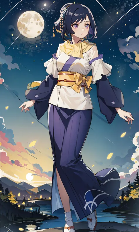 realistic, colorful, 1girl, purple eyes, glow, wallpaper, (yellow scarf and belt, Japanese clothes, Japanese dress:1.2), (single ponytail, dark blue hair, gradient hair, traditional hair ornament),
(complete body, sound in all four limbs),(chromatic aberration, drop shadow, sidelighting, intricate details,),
(glossy shoulders, bare skin, plump hips, slender thighs:0.7), detached sleeves, translucent and pleated white fabric or bed linen,
(gorgeous corridor, bright starry night, stars that cross the sky, landscape, moon, blue sky), chrysanthemum,
<lyco:GoodHands-beta2:1>, nice hands, perfect hands, realistic, <lora:kuon:1>