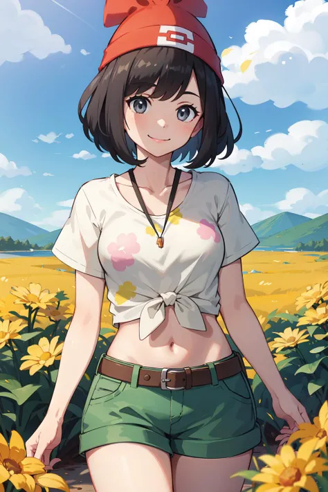 masterpiece, best quality, highres, selene1, 1girl, selene1, 1girl, selene \(pokemon\), solo, grey eyes, black hair, green shorts, red headwear, beanie, shirt, tied shirt, floral print, short hair, short sleeves, short shorts, striped, yellow shirt, belt, midriff, <lora:selene_(pokemon)_v1:0.6>, thighs, breasts, smile, flower field