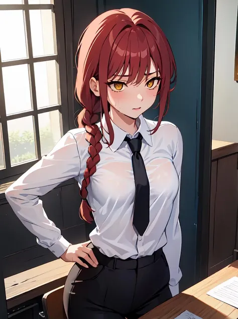 ((masterpiece)), (best quality), beautiful, extremely detailed face, perfect lighting,ultra-detailed,((expressionless)),((cold attitude)),((tsurime)),((tareme)),breasts,((Mature female)),((gym storeroom))
makima, long hair, smile, bangs, (small breasts:1.2), (yellow eyes:1.2), braid, red hair, braided ponytail, ringed eyes,
shirt, long sleeves, white shirt, necktie, collared shirt, pants, black pants, formal, suit, black necktie, shirt tucked in, office lady,
Perfect female body,(slim waist),abdominal muscles,linea alba,
((sweat)),virgin,,neat figure,shiny skin,slender waist,Small breast,((tareme)),((empty eyes)),((hands on penis))
1girl, ass, sitting, solo, looking back, from behind,desk, thighs, school desk, ass focus, chair, wide hips, huge ass
