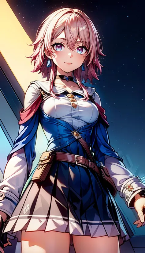Marhd, Mards, 1girl, solo, skirt, gloves, earrings, jewelry, bangs, blue eyes, pink eyes, black gloves, long sleeves, blue skirt, choker, fingerless gloves, white shirt, hair between eyes, short hair, single glove, pleated skirt, partially fingerless gloves, purple eyes, jacket, multicolored eyes, <lora:Mar-t1-000003:0.7>, (masterpiece:1.6, best quality), (finely detailed beautiful eyes: 1.2), ultra-detailed, illustration,beautiful detailed eyes, <lora:March-7th-v1:1>, <lora:add_detail:1>, <lora:easynegative:1>,