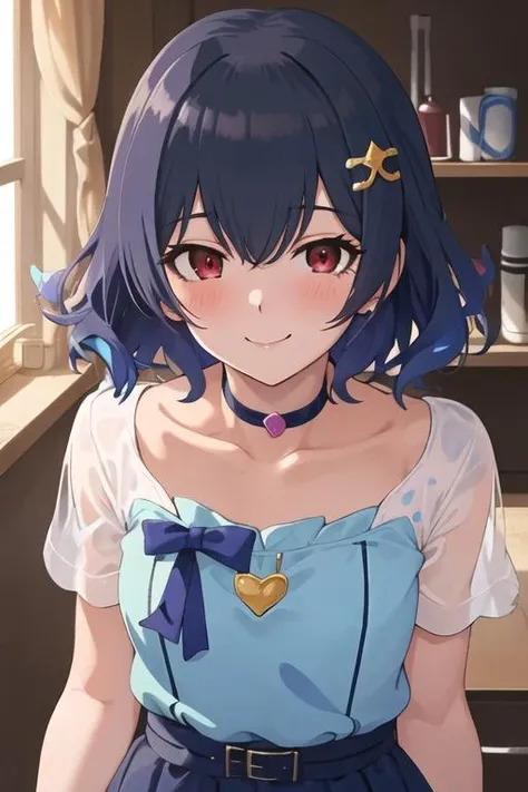 best quality, masterpiece, highres, 1girl, solo, {morino_rinze_theidolmstershinycolors:1.15}, red_eyes, bangs, blush, black_hair, smile, blue_hair, short_hair, hair_ornament, closed_mouth, collarbone, hair_between_eyes, looking_at_viewer, dress, long_hair, upper_body, short_sleeves, see-through