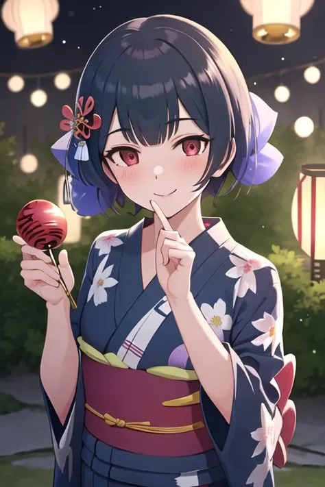 best quality, masterpiece, highres, 1girl, solo, {yukata:1.40}, {kimono:1.20}, {morino_rinze_theidolmstershinycolors:1.15}, red_eyes, bangs, blush, black_hair, smile, blue_hair, short_hair, hair_ornament, closed_mouth