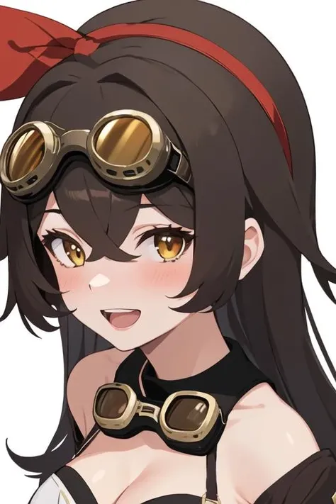 best quality, masterpiece, highres, 1girl, solo, {amber_genshin:1.15}, long_hair, brown_hair, bangs, ribbon, hair_ribbon, hair_between_eyes, red_ribbon, breasts, smile, brown_eyes, blush, cleavage, goggles, open_mouth, medium_breasts, looking_at_viewer, goggles_around_neck, hairband, simple_background, white_background, long_sleeves, yellow_eyes, upper_body