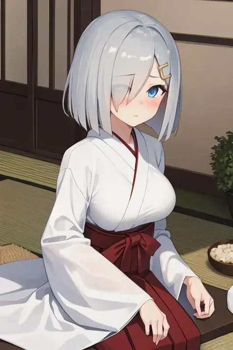 best quality, masterpiece, highres, 1girl, solo, {white kimono:1.35}, {red hakama:1.35}, {wide sleeves:1.20}, {hamakaze_kantaicollection:1.15}, blue_eyes, short_hair, grey_hair, hairclip, hair_ornament, hair_over_one_eye, breasts, large_breasts, blush, serafuku