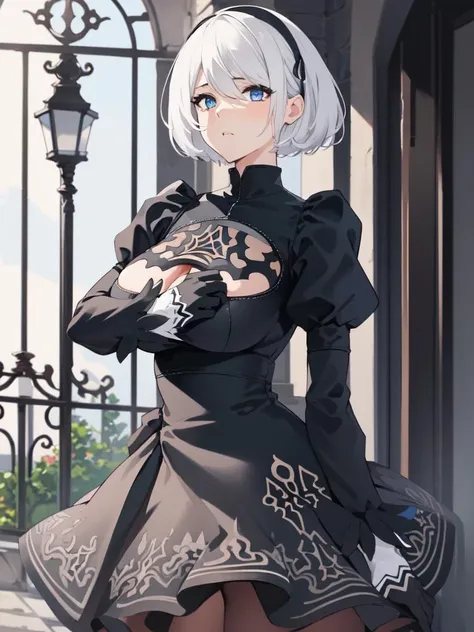 masterpiece, best quality, intricate detail,<lora:2b_nierautomata:1>, 2B_NIERAUTOMATA , big breast,cleavege,black dress, black shirt, puffy sleeves,blue eyes,((beautiful face)),clothing cutout,((1girl)),((full body))outdoors <lora:GoodHands-vanilla:1>
