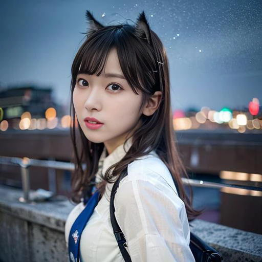 (8k, RAW photo, best quality, masterpiece:1.2), (realistic, photo-realistic:1.37) ,<lora:arknightsTexasThe_v10:1>,omertosa,1girl,(Kpop idol), (aegyo sal:1),cute,cityscape, night, rain, wet, professional lighting, photon mapping, radiosity, physically-based rendering, <lora:Inami_Anju:0.5> <lora:japaneseDollLikeness_v10:0.5>