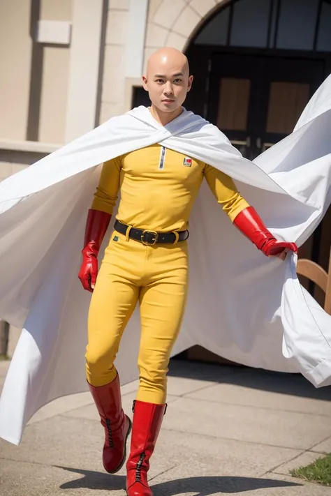 <lora:OnePunchMan:0.6>, yellow bodysuit, (bald), belt, red gloves, red boots, white cloak, asian man face