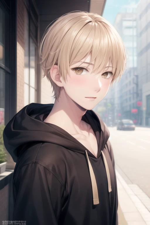 masterpiece, best quality, high quality, 1boy, solo, male focus, looking at viewer, upper body, <lora:mugi_awaya:0.56>, mugi_awaya, brown eyes, blonde hair, , hoodie