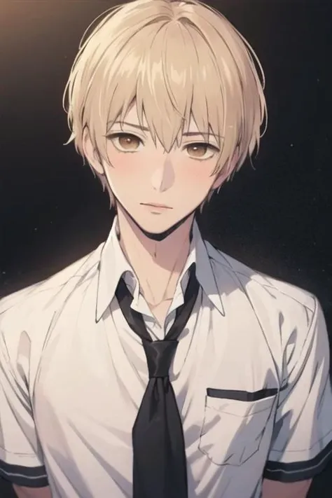 masterpiece, best quality, high quality, 1boy, solo, male focus, looking at viewer, upper body, <lora:mugi_awaya:0.66>, mugi_awaya, brown eyes, blonde hair, , school uniform