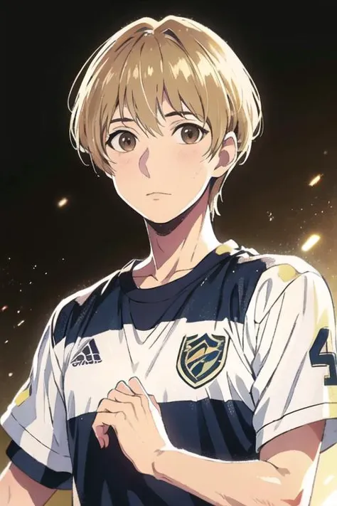masterpiece, best quality, high quality, 1boy, solo, male focus, looking at viewer, upper body, <lora:mugi_awaya:0.54>, mugi_awaya, brown eyes, blonde hair, realistic, sportswear
