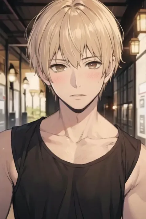 masterpiece, best quality, high quality, 1boy, solo, male focus, looking at viewer, upper body, <lora:mugi_awaya:0.66>, mugi_awaya, brown eyes, blonde hair, , tank top