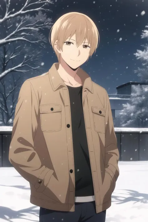 masterpiece, best quality, mugi_awaya, 1boy, solo, cowboy shot, blonde hair, brown eyes, light smile, (casual), brown jacket, hands in pockets, cold, night, park, snowing,
