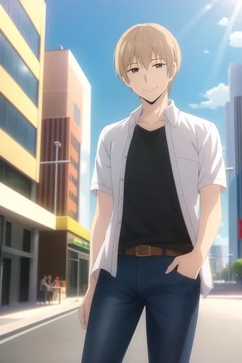masterpiece, best quality, mugi_awaya, 1boy, solo, cowboy shot, blonde hair, brown eyes, light smile, (casual), collared shirt, open shirt, t-shirt, jeans, city,