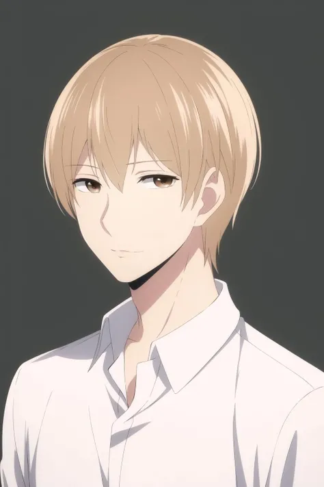 masterpiece, best quality, mugi_awaya, 1boy, solo, upper body, portrait, blonde hair, brown eyes, white shirt, simple background,
