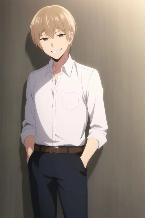 masterpiece, best quality, mugi_awaya, 1boy, cowboy shot, against wall, blonde hair, brown eyes, grin, white shirt, black pants, black belt, hands in pockets,