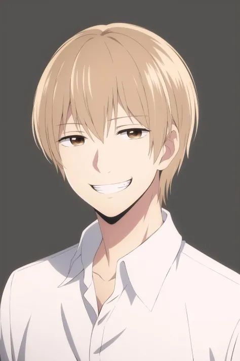 masterpiece, best quality, mugi_awaya, 1boy, solo, upper body, portrait, blonde hair, grin, brown eyes, white shirt, simple background,