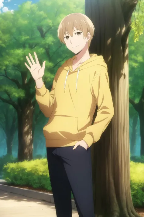 masterpiece, best quality, mugi_awaya, 1boy, solo, cowboy shot, standing, blonde hair, brown eyes, light smile, yellow hoodie, black pants, hand in pocket, arm raised, waving, park, tree, flower,