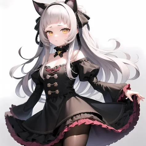 masterpiece, high detail, best quality, <lora:murasaki_shion:0.8>, 1girl, solo,  murasaki shion, white background, standing, yellow orange eyes, grey hair, (black pantyhose), long red sleeves, fur trim, black frilled choker, purple star, frilled sleeves, alternate costume, bow, striped, sidelocks, hairband, hair ornament, cat ears, shirt, capelet, star (symbol), white shirt, puffy sleeves, black ribbon, layered dress, shoes, black shoes, cowboy shot