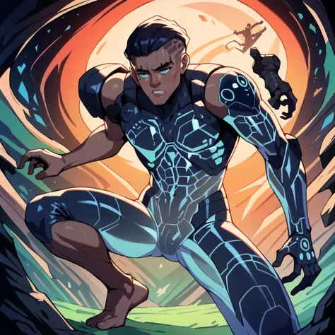score_9,score_8_up,score_7_up,score_6_up, source_anime, <lora:Translucent_Bodies_Pony_XL_v2:1.3> cyborg with translucent_hair, (absurdres), 1boy, soldier, bishounen, mechanical eye, dynamic pose, dark-skinned male, subsurface scattering, translucent