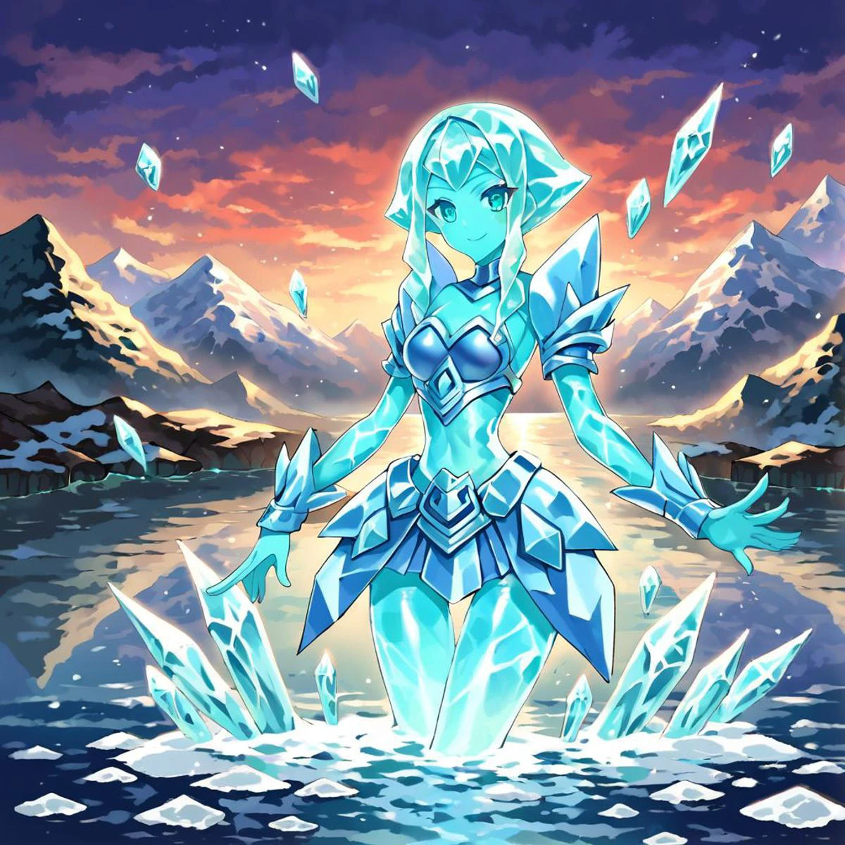 anime artwork score 9,score 8,score 5 up,score 4 up,highres,pretty face,pretty hands,water elemental,pretty face,beautiful eyes,slender,narrow waist,hips,thighs,ice,water,snowy mountains,ice shards,flowing river,ice armor,ice shoulder plate,ice armor skirt,transparent body,portrait,<lora:Translucent Bodies (Pony XL):1>,Ghost,translucent,colored skin, . anime style, key visual, vibrant, studio anime, highly detailed