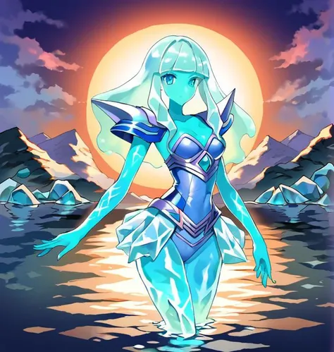 anime artwork score 9,score 8,score 5 up,score 4 up,highres,pretty face,pretty hands,water elemental,pretty face,beautiful eyes,slender,narrow waist,hips,thighs,ice,water,snowy mountains,ice shards,flowing river,ice armor,ice shoulder plate,ice armor skirt,transparent body,portrait,<lora:Translucent Bodies (Pony XL):1>,Ghost,translucent,colored skin, . anime style, key visual, vibrant, studio anime,  highly detailed