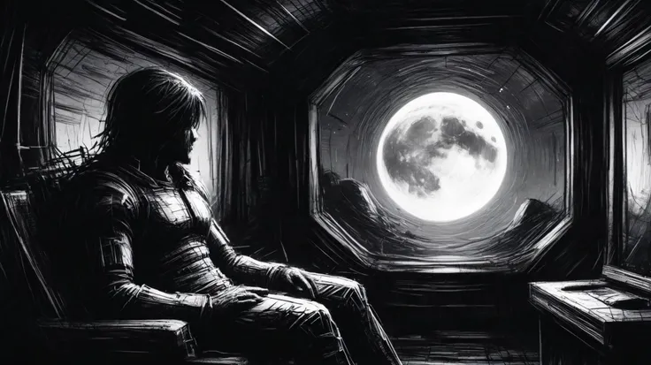very rough pencil sketch, scribbles, of a man sitting in a spaceship, staring at the stars, fine lines, bold lines