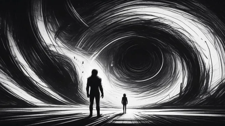 very rough pencil sketch, scribbles, of a man standing in a spaceship, staring at the stars, fine lines, bold lines