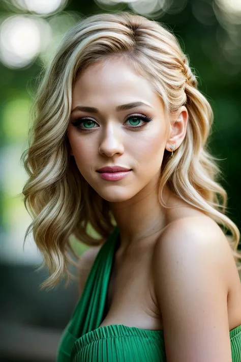 photo of beautiful (klk4rter:0.99), a woman with perfect hair upsweep updo, wearing (tube top:1.1), (cute smile:1.1), (plain green background:1.1), modelshoot style, (extremely detailed CG unity 8k wallpaper), professional majestic photography, (closeup portrait), (Olympus OM-1 Camera), 24mm, exposure blend, hdr, faded, extremely intricate, High (Detail:1.1), Sharp focus, dramatic, soft cinematic light, (looking at viewer), (detailed pupils), 4k textures, soft cinematic light, adobe lightroom, photolab, elegant, ((((cinematic look)))), soothing tones, insane details, hyperdetailed, low contrast