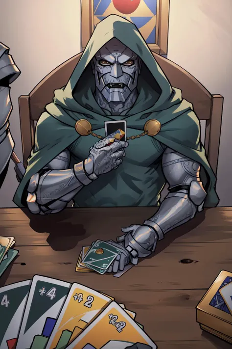 (masterpiece, best quality, absurdres, 4k, aesthetic, detailed, intricate, perfect lighting),<lora:unomeme_v1:0.7> unomeme,playing card game, across table,1boy, mask,hood,cape,cloak,gauntlet <lora:DoctorDoomLoRA:0.7>