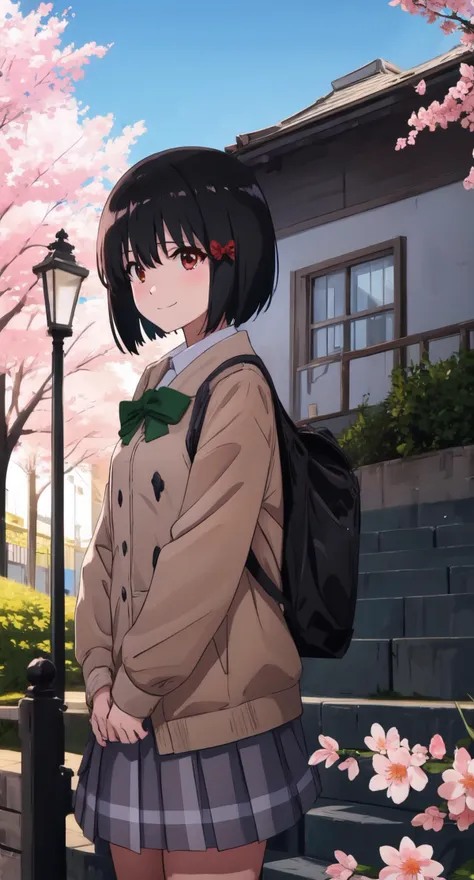 masterpiece, best quality, absurdres, illustration, 8k, realistic shadows, blush, detailed shadows,  skindentation, long eyelashes, detailed eyes, ultra-realistic, realistic,  hdr, light smile, cinematic lighting, cowboy shot, shiny skin, volumetric
hisaishi_kanade, 1girl, solo, short hair, black hair, red eyes, hair ribbon, schoolgirl uniform
outdoors, village, stairs, lightpole, cherryblossoms