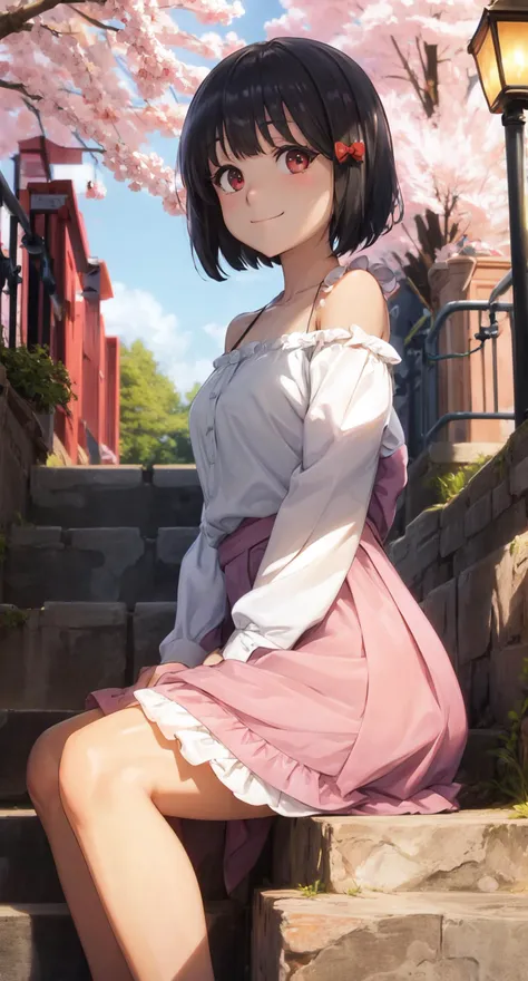 masterpiece, best quality, absurdres, illustration, 8k, realistic shadows, blush, detailed shadows,  skindentation, long eyelashes, detailed eyes, ultra-realistic, realistic,  hdr, light smile, cinematic lighting, cowboy shot, shiny skin, volumetric
hisaishi_kanade, 1girl, solo, short hair, black hair, red eyes, hair ribbon, short skirt, frills, off shoulder
outdoors, village, stairs, lightpole, cherryblossoms, day, cloudy sky