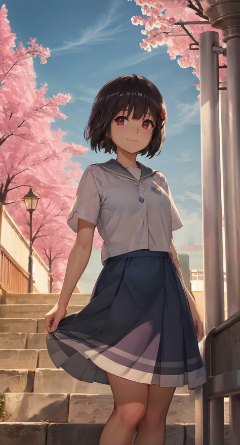 masterpiece, best quality, absurdres, illustration, 8k, realistic shadows, blush, detailed shadows,  skindentation, long eyelashes, detailed eyes, ultra-realistic, realistic,  hdr, light smile, cinematic lighting, cowboy shot, shiny skin, volumetric
hisaishi_kanade, 1girl, solo, short hair, black hair, red eyes, hair ribbon, schoolgirl uniform, sailor uniform, short sleeves, short skirt
outdoors, village, stairs, lightpole, cherryblossoms, day, cloudy sky