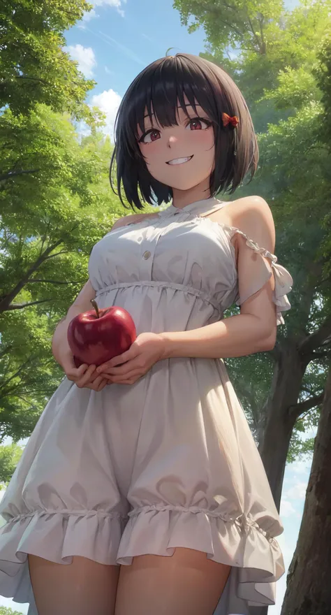 masterpiece, best quality, absurdres, illustration, 8k, realistic shadows, blush, detailed shadows,  skindentation, long eyelashes, detailed eyes, ultra-realistic, realistic,  hdr, evil grin, cinematic lighting, cowboy shot, shiny skin, volumetric
Hisaishi_Kanade, 1girl, solo, short dress, white dress, bare shoulders, holding apple,  hair ribbon, short hair, red eyes
outdoors, tree, forest,( snake hanging down from tree:1.0), from below