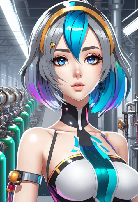 1girl, anime, beautiful girl with shiny multicolor hair with blue-grey highlights, hair bobbles, in a  factory, hourglass figure, facing viewer<lora:envy_xl_test_5:0.75>