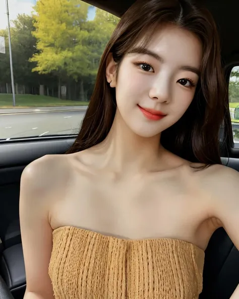 high_quality, (realistic, photo_realistic:1.4), RAW photo, natural light,  solo, 1girl, beautiful Korean idol, lialorashy, lia itzy, detailed skin, bare shoulders, looking at viewer, (smile:0.2), dynamic pose, outdoors, inside of a car, <lora:lialorashy:0.8>, <lora:Lia Itzy:0.3>, <lora:polyhedron_skinny_all:0.2>