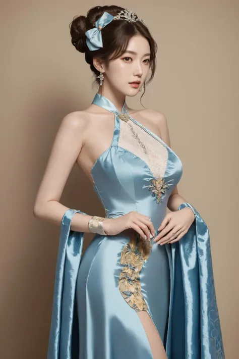 <lora:Outfit_soph-RoccheDress:0.7>, dr3ss, best quality, masterpiece, illustration, realistic, photo-realistic, amazing, finely detail, incredibly absurdres, huge filesize, ultra-detailed, highres, extremely detailed CG unity 8k wallpaper, nsfw, A portrait of a Korean female celebrity in a high-class setting. The celebrity is wearing a traditional Korean dress, consisting of a silk blue dress with embroidered ornate patterns, a halterneck, and a high collar. She is also wearing jewelry, including an armlet and a headdress. The dress is lace trimmed and has frills and cuffs. The celebrity's hair is styled in a high bun with a hair bow. The portrait is shot in close-up. The lighting is soft and flattering, creating a sense of elegance and sophistication.