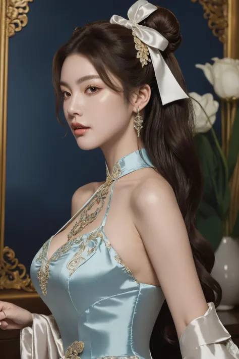 <lora:Outfit_soph-RoccheDress:0.7>, dr3ss, best quality, masterpiece, illustration, realistic, photo-realistic, amazing, finely detail, incredibly absurdres, huge filesize, ultra-detailed, highres, extremely detailed CG unity 8k wallpaper, nsfw, A portrait of a Korean female celebrity in a high-class setting. The celebrity is wearing a traditional Korean dress, consisting of a silk blue dress with embroidered ornate patterns, a halterneck, and a high collar. She is also wearing jewelry, including an armlet and a headdress. The dress is lace trimmed and has frills and cuffs. The celebrity's hair is styled in a high bun with a hair bow. The portrait is shot in close-up, with a focus on the celebrity's face. The lighting is soft and flattering, creating a sense of elegance and sophistication.