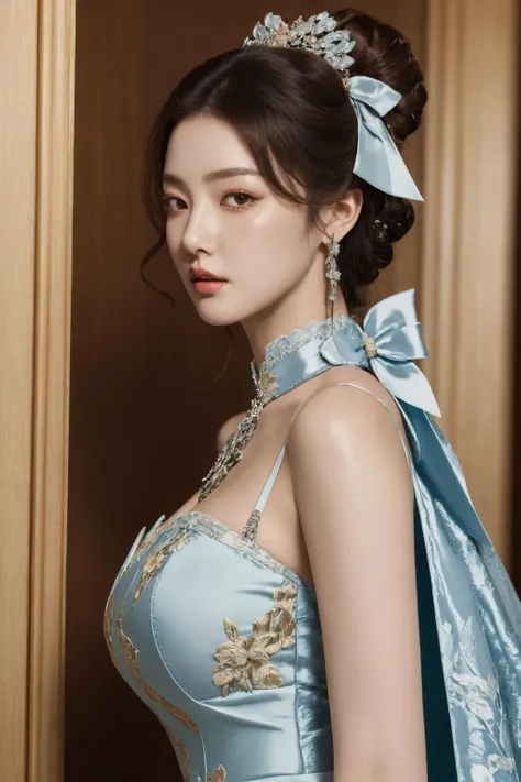 <lora:Outfit_soph-RoccheDress:0.7>, dr3ss, best quality, masterpiece, illustration, realistic, photo-realistic, amazing, finely detail, incredibly absurdres, huge filesize, ultra-detailed, highres, extremely detailed CG unity 8k wallpaper, nsfw, A portrait of a Korean female celebrity in a high-class setting. The celebrity is wearing a traditional Korean dress, consisting of a silk blue dress with embroidered ornate patterns, a halterneck, and a high collar. She is also wearing jewelry, including an armlet and a headdress. The dress is lace trimmed and has frills and cuffs. The celebrity's hair is styled in a high bun with a hair bow. The portrait is shot in close-up. The lighting is soft and flattering, creating a sense of elegance and sophistication.