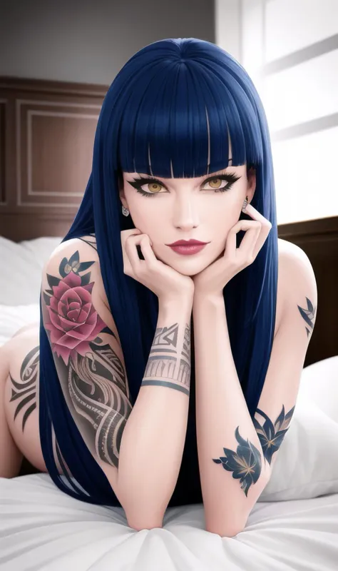 award winning photography, insanely detailed and intricate, hypermaximalist, (elegant:1.2), hyper realistic, Natural Lighting, Ray Tracing Reflections, super detailed, volumetric light, incredible art of a beautifull women on the bed looking at viewer, ((tattoos), ((bangs), (lewd pose)