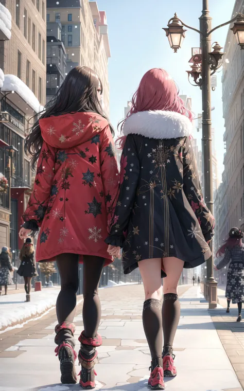 highest quality, Ray Tracing Reflections, super detailed, high resolution, highres, hyper detail, highly detailed, ornate, (2 girls walk on the sidewalk:1.5), (winter outfit:1.2) , (depth of field), (two tone hair), (SamDoesArt1:0.4), (winter city background), particles, vibrant, bright, curled hair, colorfull, (view from behind:1.2), (Style-Winter:0.6)