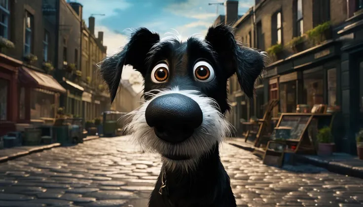 impactful paint of a dog in a street <lora:Shaun:1.0>,    highly detailed,   8k,   sharp,  professional, clear,   high contrast, high saturated, , vivid deep blacks, crystal clear