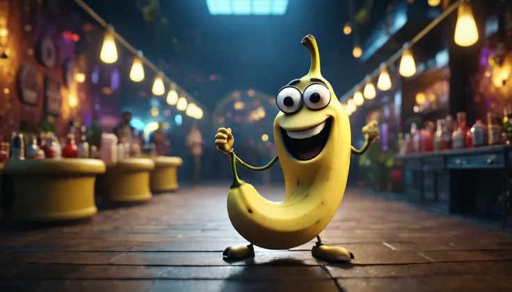 cinematic photo animations image of a banana dancing in a disco club <lora:Shaun:0.8>, 35mm photograph, film, bokeh, professional, 4k, highly detailed